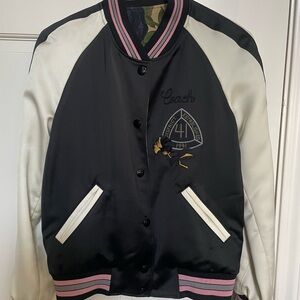Coach Black and Cream Reversible Satin Bomber Jacket with Pink Trim Accents